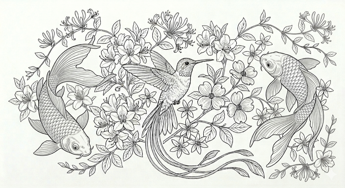 Hummingbird & Koi Water Garden Pattern